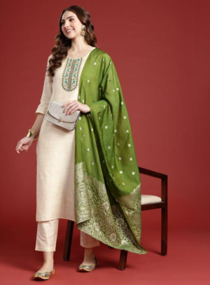 Women Cream Embroidered Kurti Pant Set With Banarasi Dupatta | Elegant Ethnic Wear for Festive Occasion