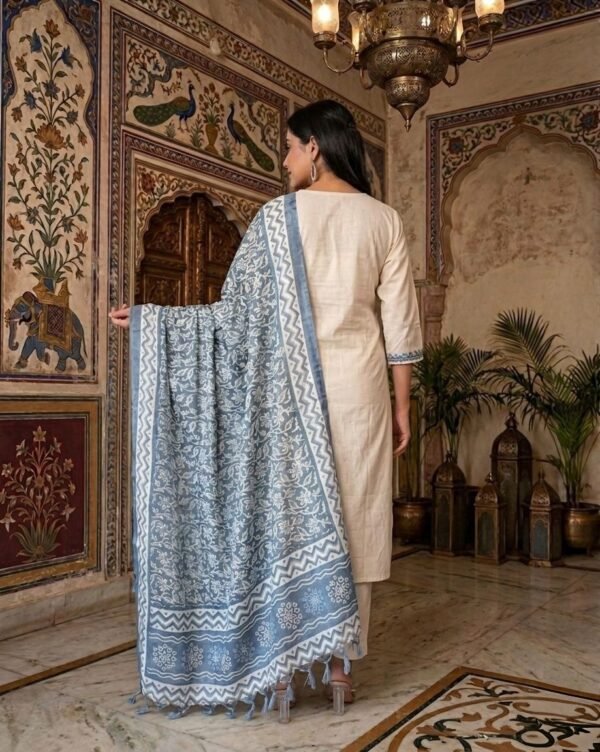 Women Off White Embroidered Kurti Pant Set With Printed Blue Dupatta | Elegant Ethnic Wear
