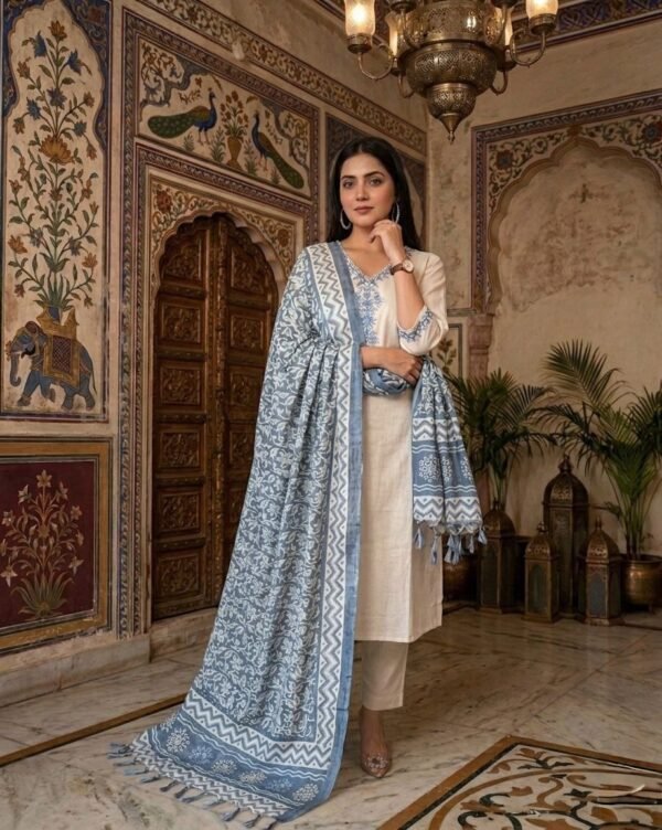 Women Off White Embroidered Kurti Pant Set With Printed Blue Dupatta | Elegant Ethnic Wear