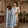 Women Off White Embroidered Kurti Pant Set With Printed Blue Dupatta | Elegant Ethnic Wear