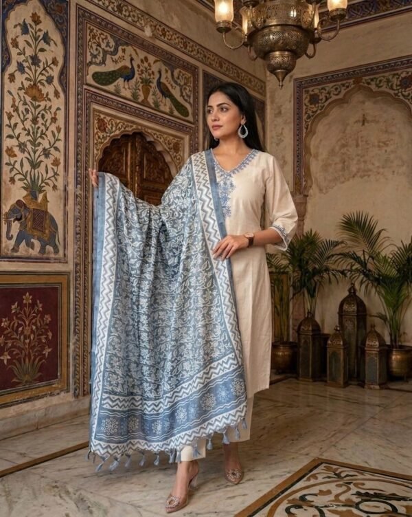 Women Off White Embroidered Kurti Pant Set With Printed Blue Dupatta | Elegant Ethnic Wear