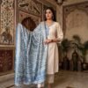 Women Off White Embroidered Kurti Pant Set With Printed Blue Dupatta | Elegant Ethnic Wear