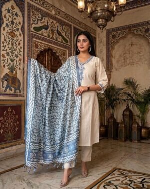 Women Off White Embroidered Kurti Pant Set With Printed Blue Dupatta | Elegant Ethnic Wear