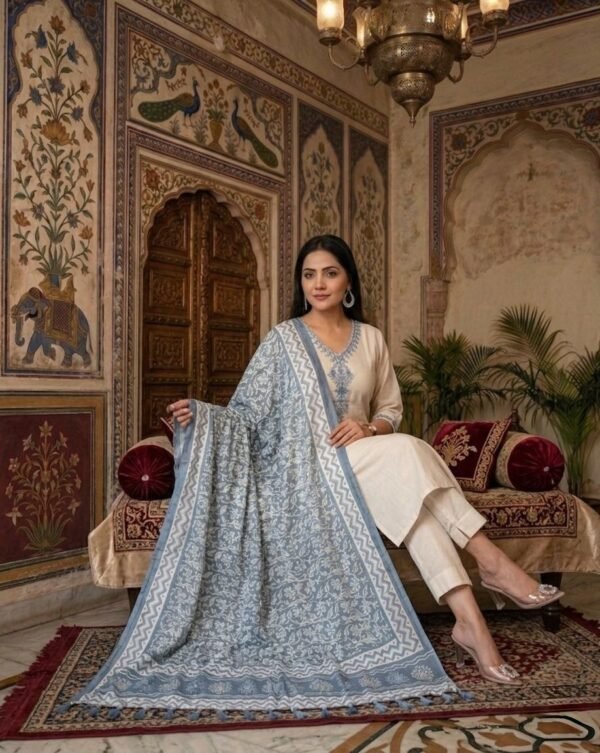 Women Off White Embroidered Kurti Pant Set With Printed Blue Dupatta | Elegant Ethnic Wear