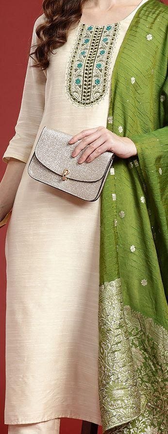 Women Cream Embroidered Kurti Pant Set With Banarasi Dupatta | Elegant Ethnic Wear for Festive Occasion